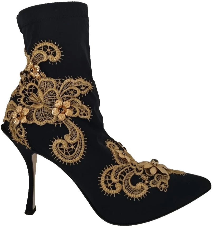 Dolce & Gabbana Black Gold Embroidery Crystal Boots Shoes Zwart