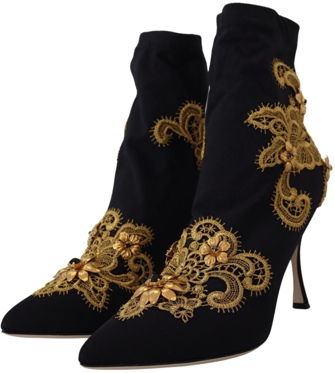 Dolce & Gabbana Black Gold Embroidery Crystal Boots Shoes Zwart