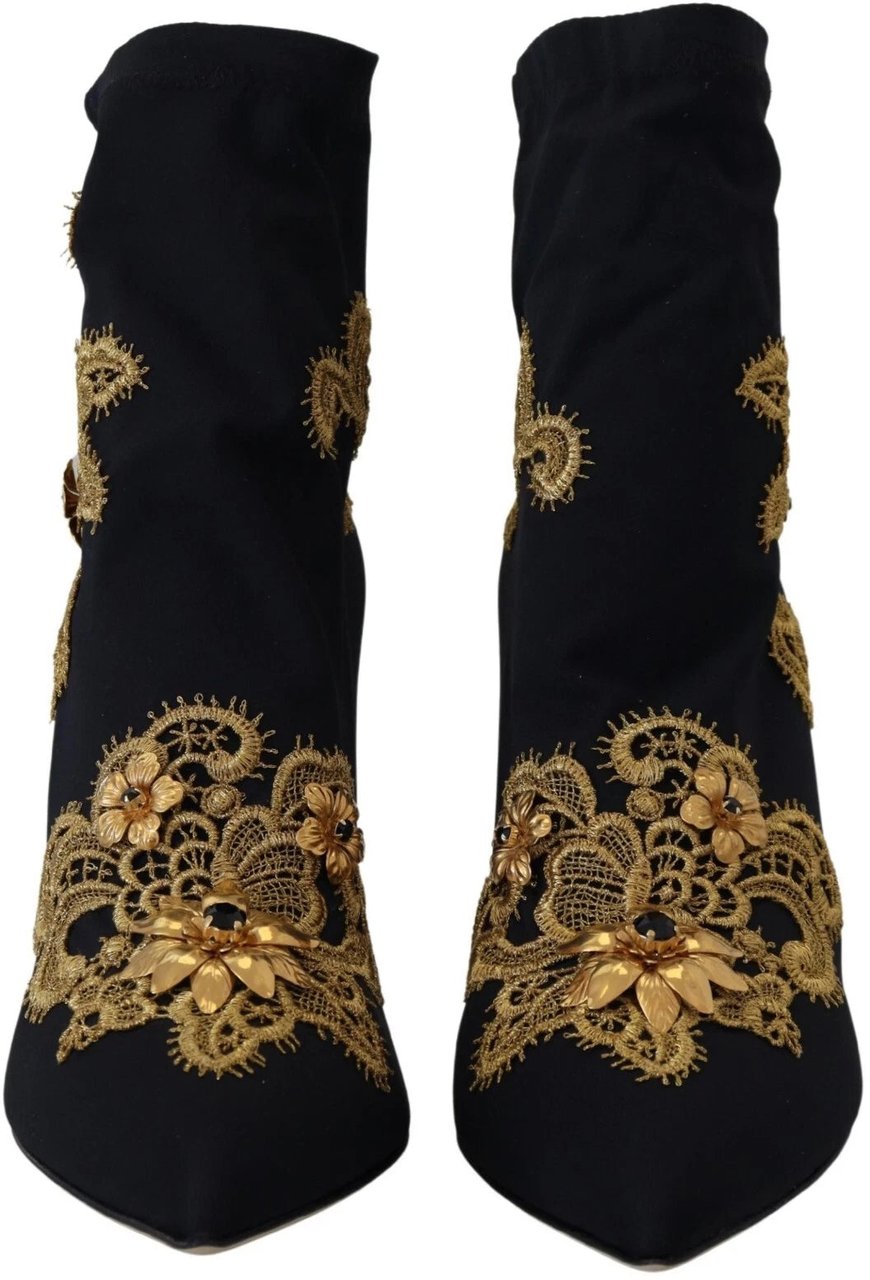 Dolce & Gabbana Black Gold Embroidery Crystal Boots Shoes Zwart