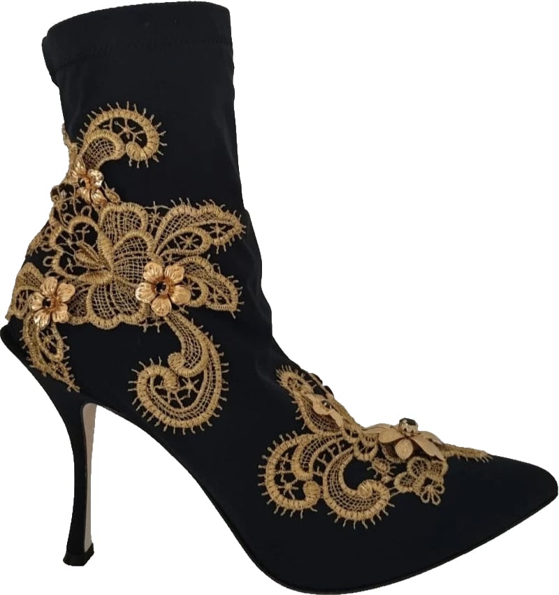 Dolce & Gabbana Black Gold Embroidery Crystal Boots Shoes Zwart
