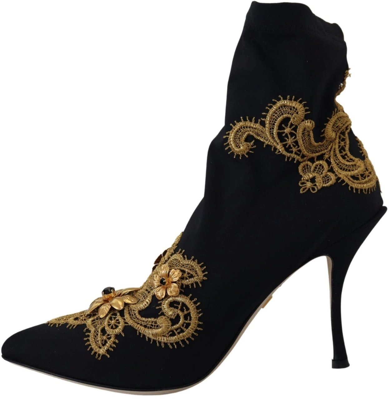 Dolce & Gabbana Black Gold Embroidery Crystal Boots Shoes Zwart