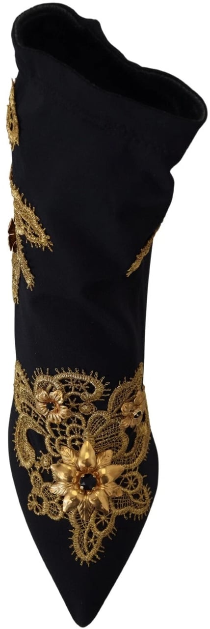 Dolce & Gabbana Black Gold Embroidery Crystal Boots Shoes Zwart