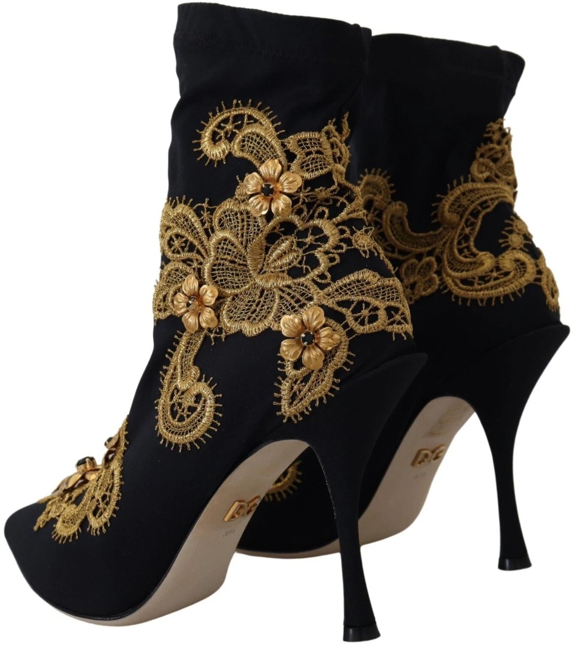 Dolce & Gabbana Black Gold Embroidery Crystal Boots Shoes Zwart