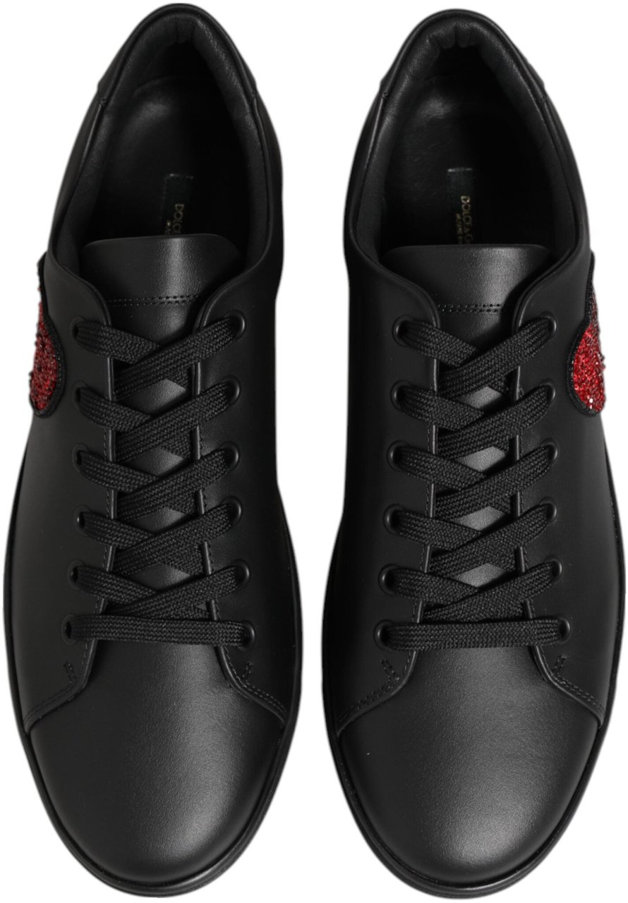 Dolce & Gabbana Black Leather Crystal Heart Sneakers Shoes Zwart