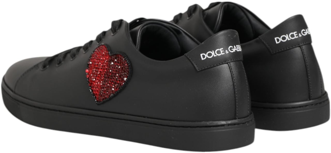 Dolce & Gabbana Black Leather Crystal Heart Sneakers Shoes Zwart