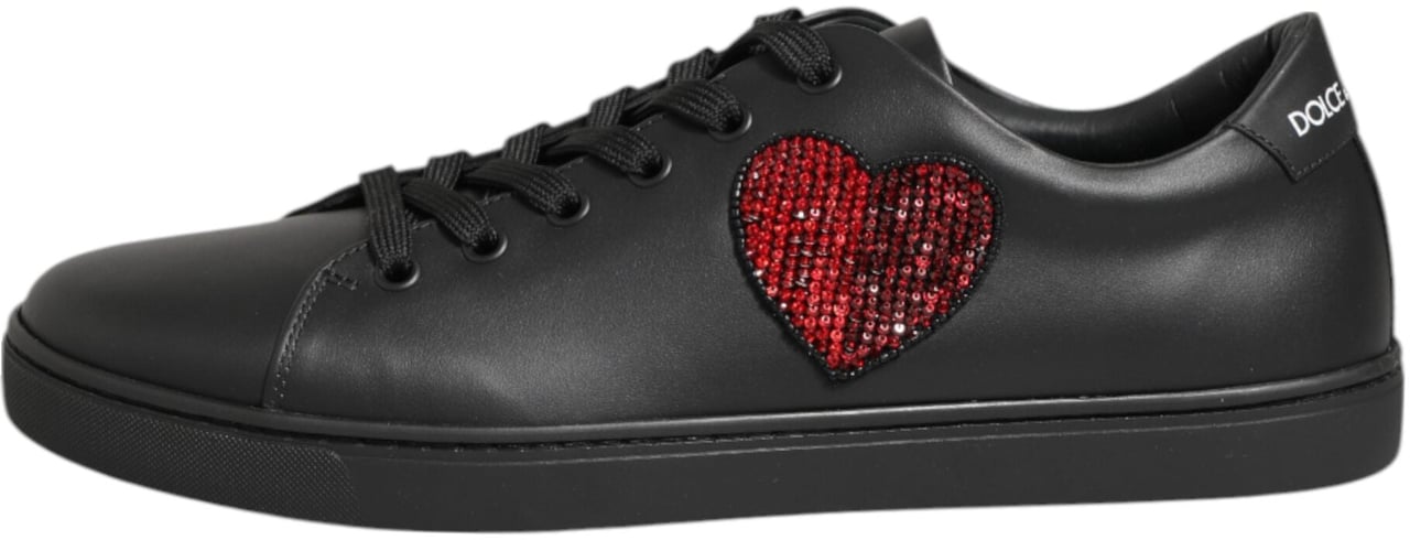 Dolce & Gabbana Black Leather Crystal Heart Sneakers Shoes Zwart