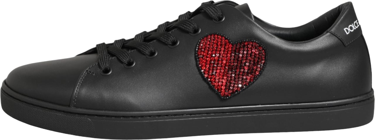 Dolce & Gabbana Black Leather Crystal Heart Sneakers Shoes Zwart