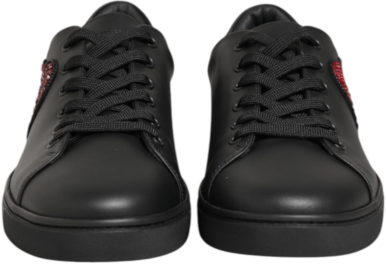 Dolce & Gabbana Black Leather Crystal Heart Sneakers Shoes Zwart