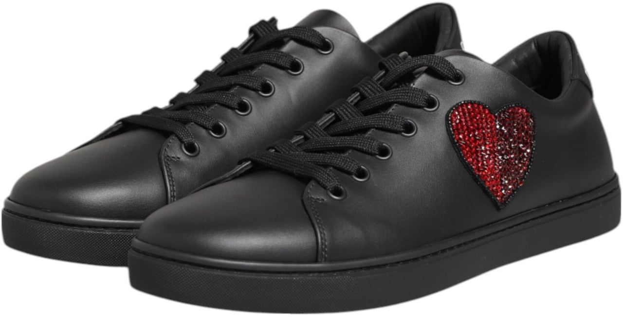 Dolce & Gabbana Black Leather Crystal Heart Sneakers Shoes Zwart