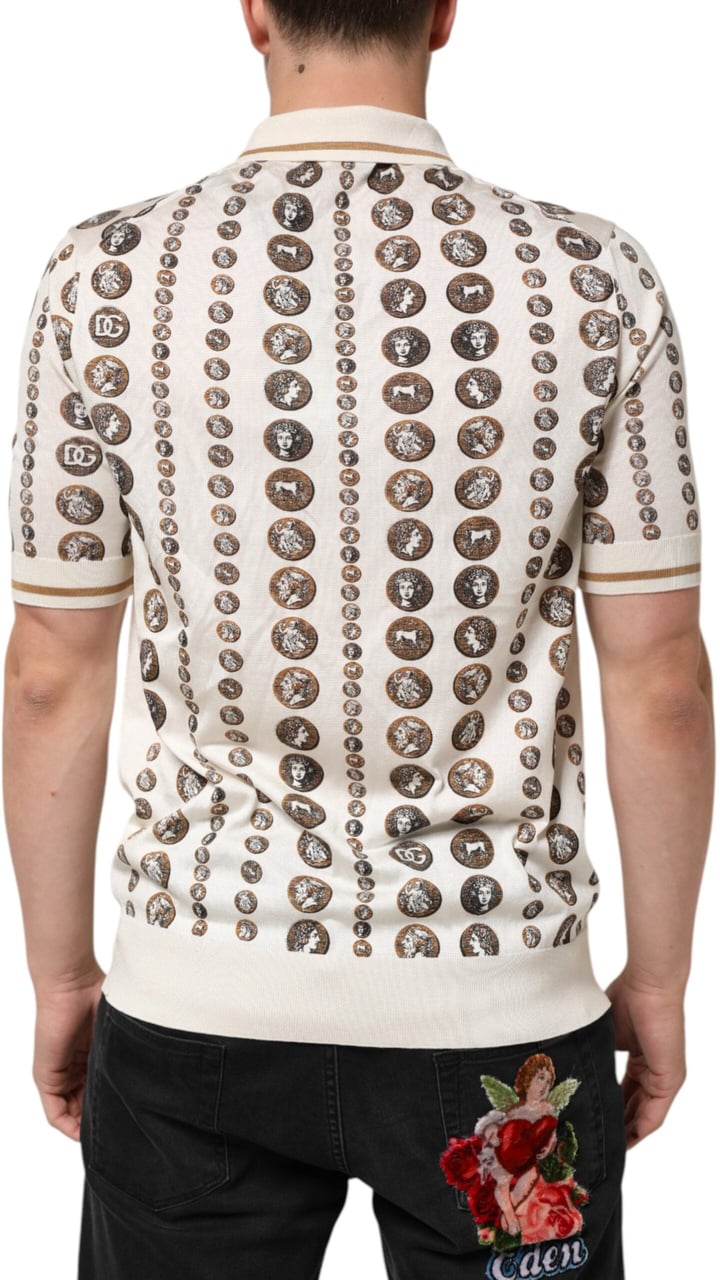 Dolce & Gabbana Silk Ivory Coin Print Logo Men Polo T-shirt Wit