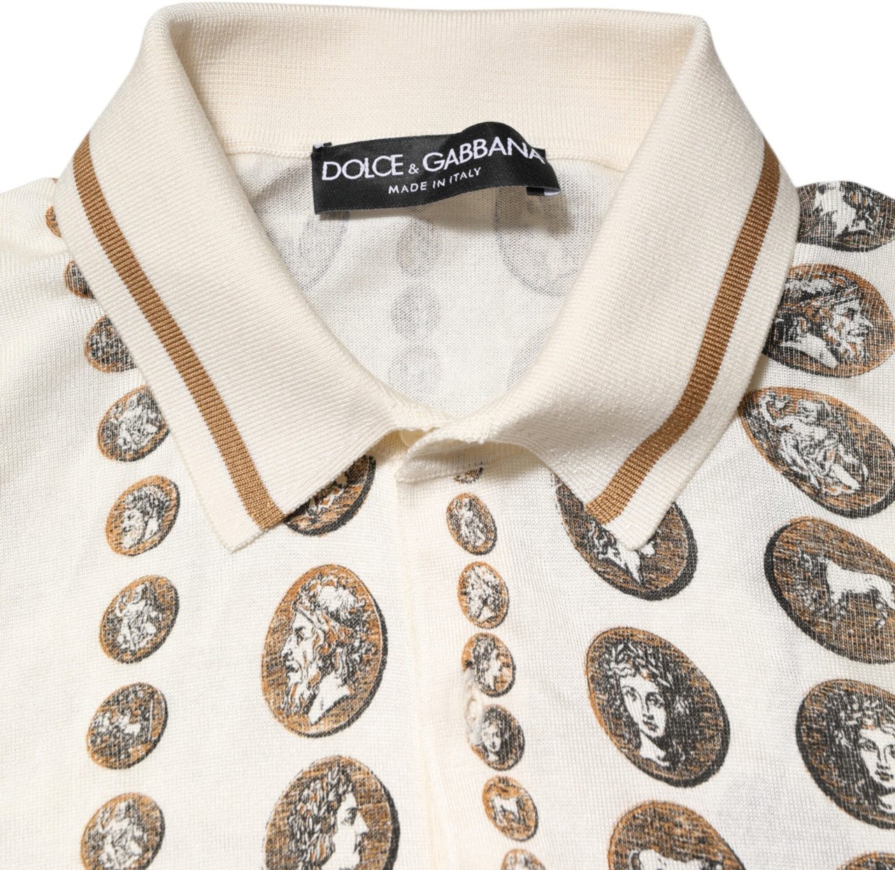 Dolce & Gabbana Silk Ivory Coin Print Logo Men Polo T-shirt Wit