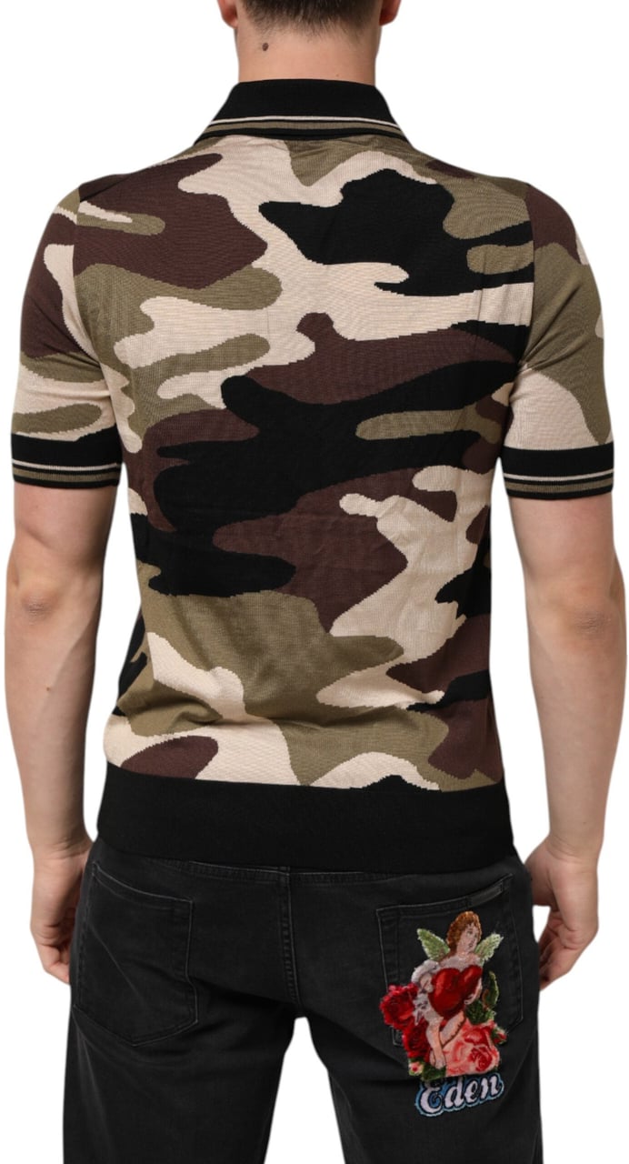 Dolce & Gabbana Camouflage Brown Silk Military Polo T-shirt Bruin