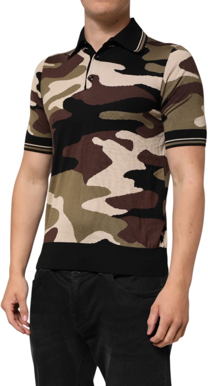 Dolce & Gabbana Camouflage Brown Silk Military Polo T-shirt Bruin
