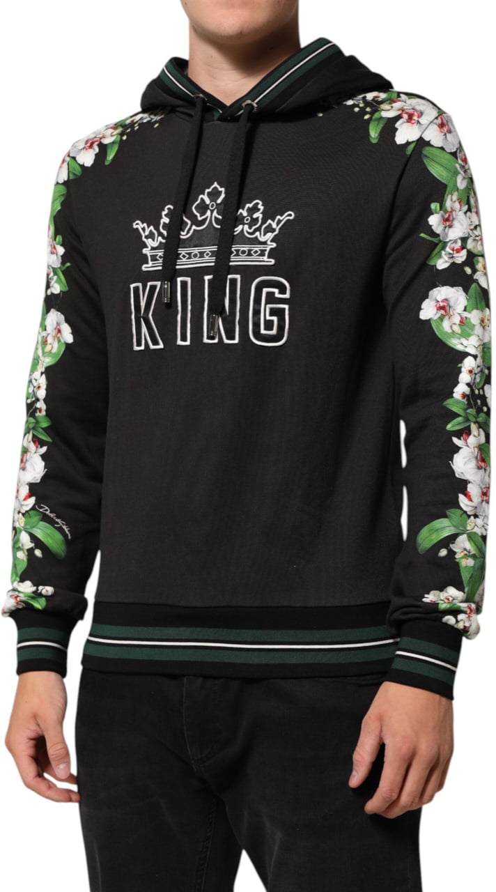 Dolce & Gabbana KING Black Orchid Floral Crown Logo Hoodie Sweater Zwart