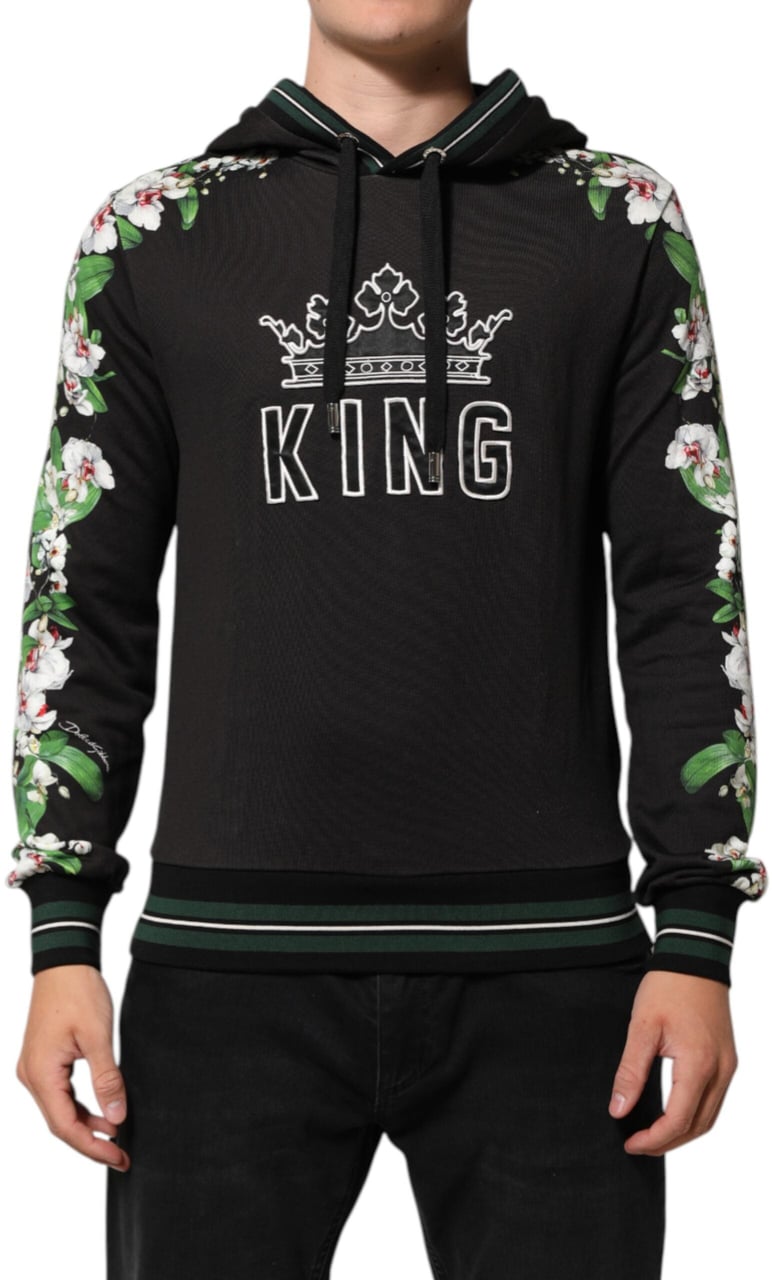 Dolce & Gabbana KING Black Orchid Floral Crown Logo Hoodie Sweater Zwart