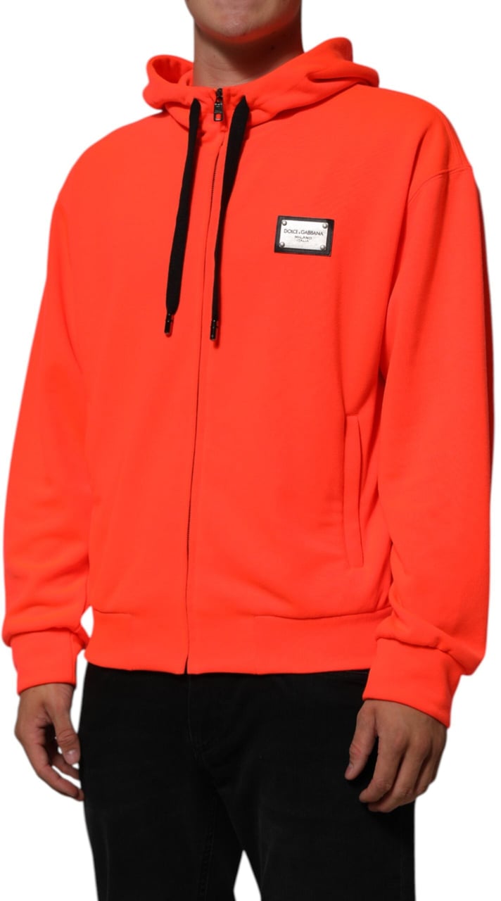 Dolce & Gabbana Red Fluorescent Polyester Logo Patch Hoodie Sweater Rood