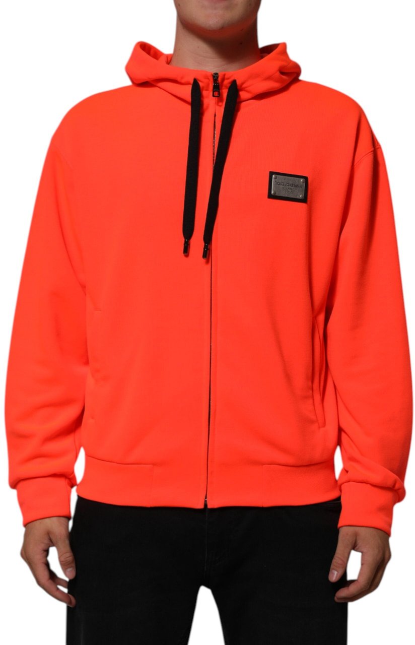 Dolce & Gabbana Red Fluorescent Polyester Logo Patch Hoodie Sweater Rood