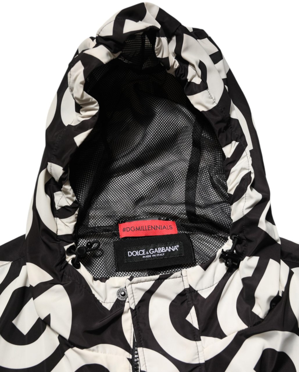 Dolce & Gabbana Black White Logo Print Hooded Coat Men Jacket Divers