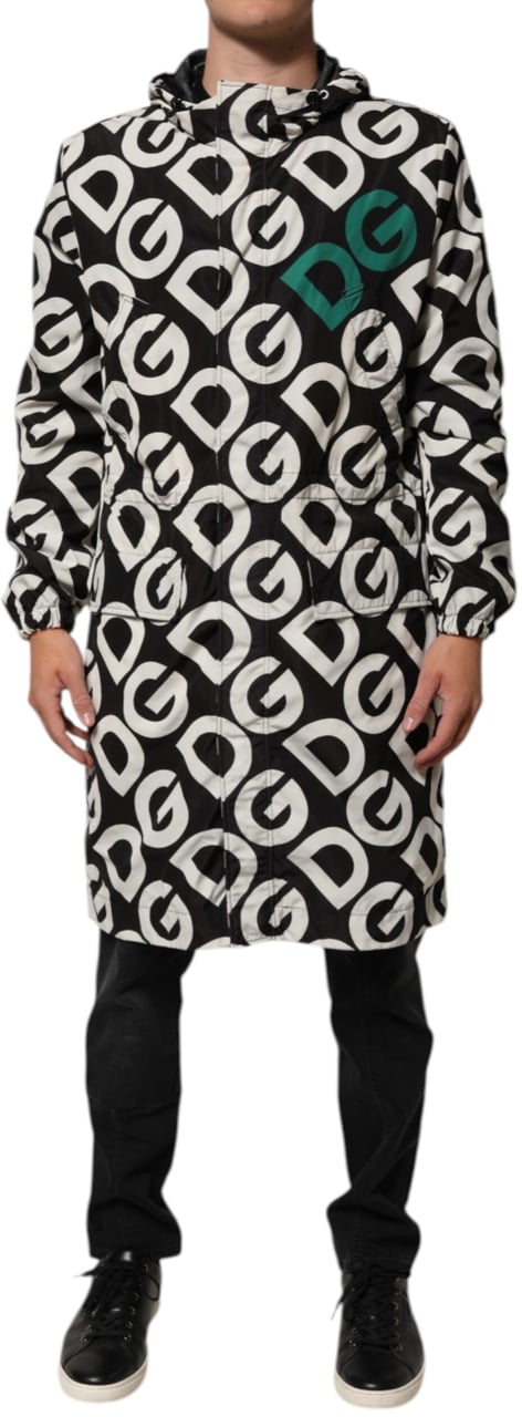 Dolce & Gabbana Black White Logo Print Hooded Coat Men Jacket Divers