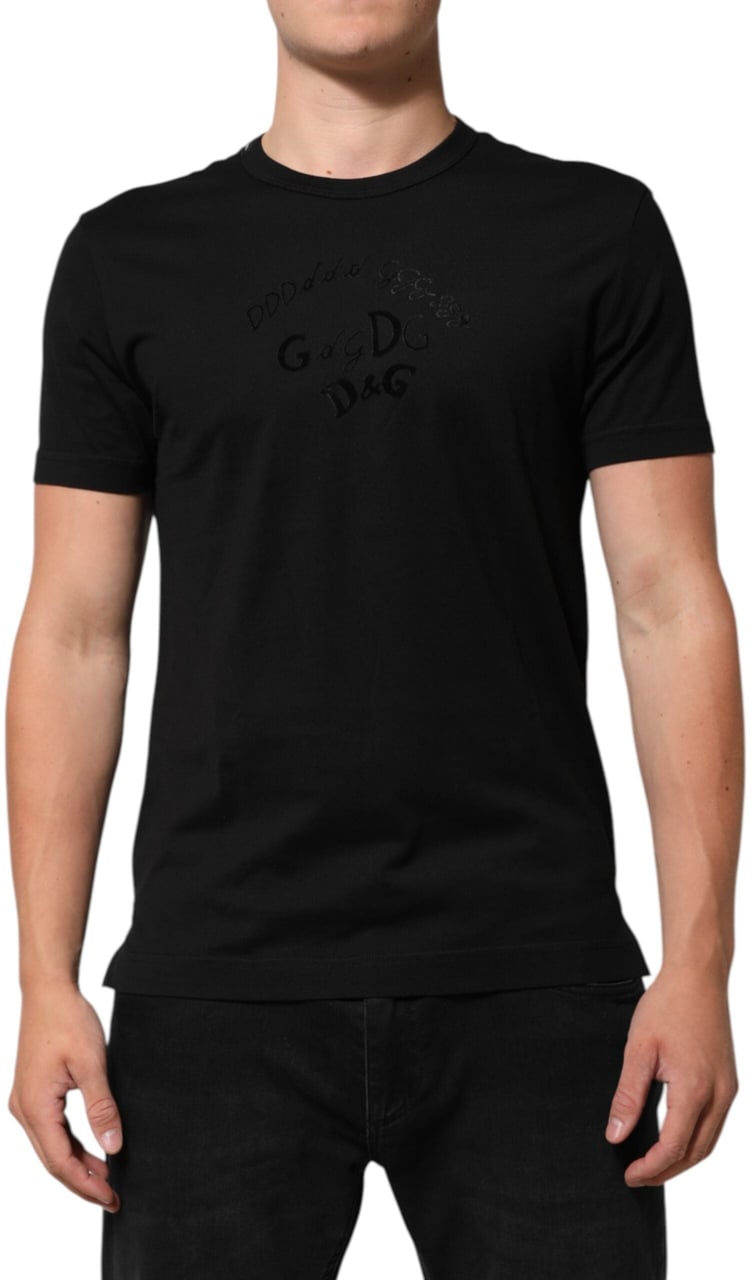 Dolce & Gabbana Black Cotton Velvet Logo Print Men T-shirt Zwart