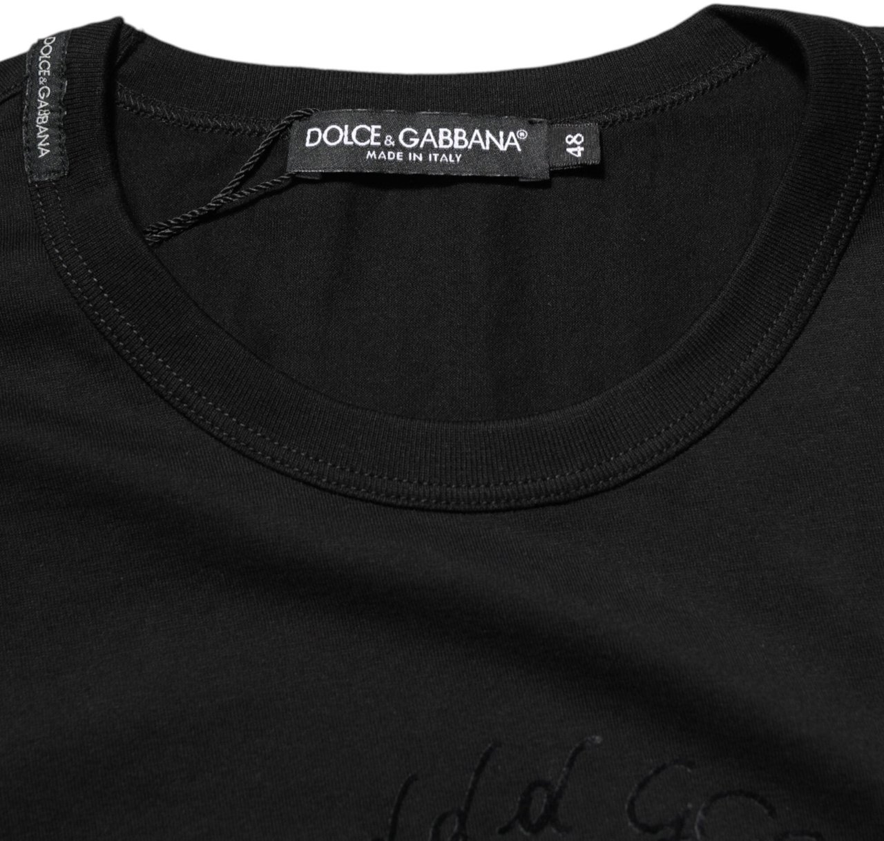 Dolce & Gabbana Black Cotton Velvet Logo Print Men T-shirt Zwart