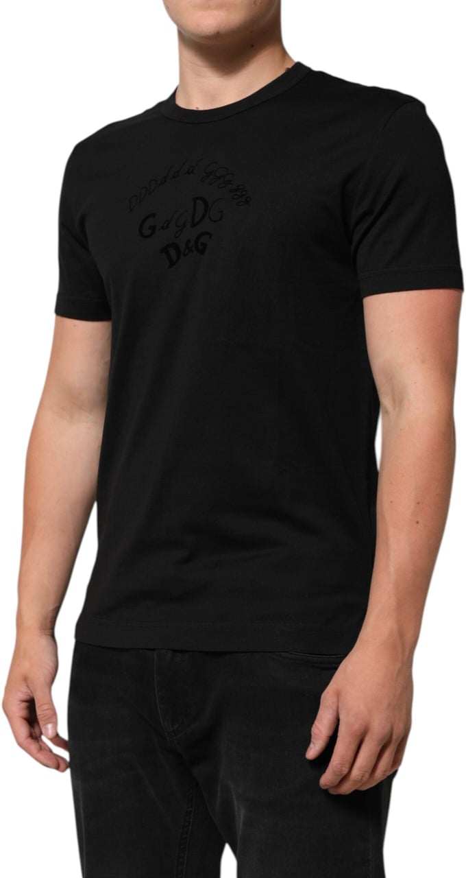 Dolce & Gabbana Black Cotton Velvet Logo Print Men T-shirt Zwart