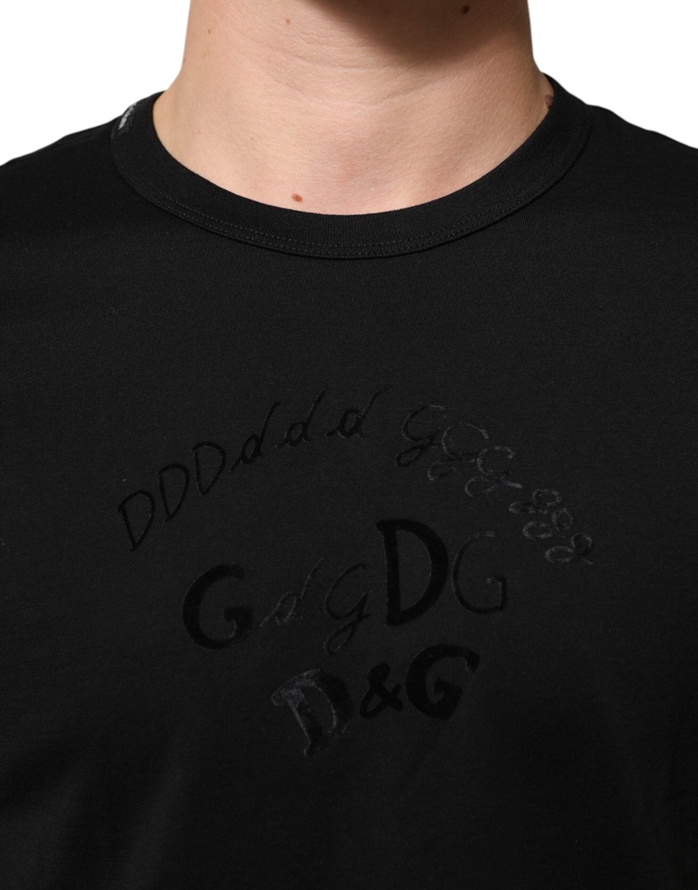 Dolce & Gabbana Black Cotton Velvet Logo Print Men T-shirt Zwart