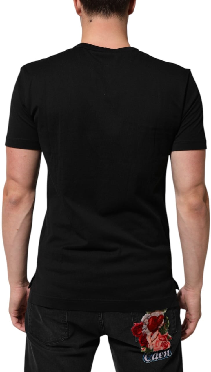 Dolce & Gabbana Black Cotton Velvet Logo Print Men T-shirt Zwart