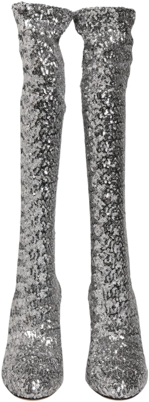 Dolce & Gabbana Shoes Silver Sequins Glitter High Heel Boot Shoes Zilver