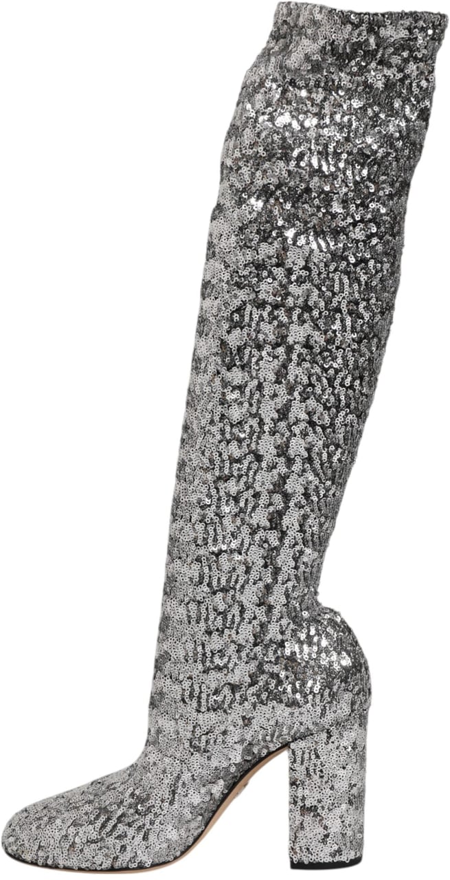 Dolce & Gabbana Shoes Silver Sequins Glitter High Heel Boot Shoes Zilver