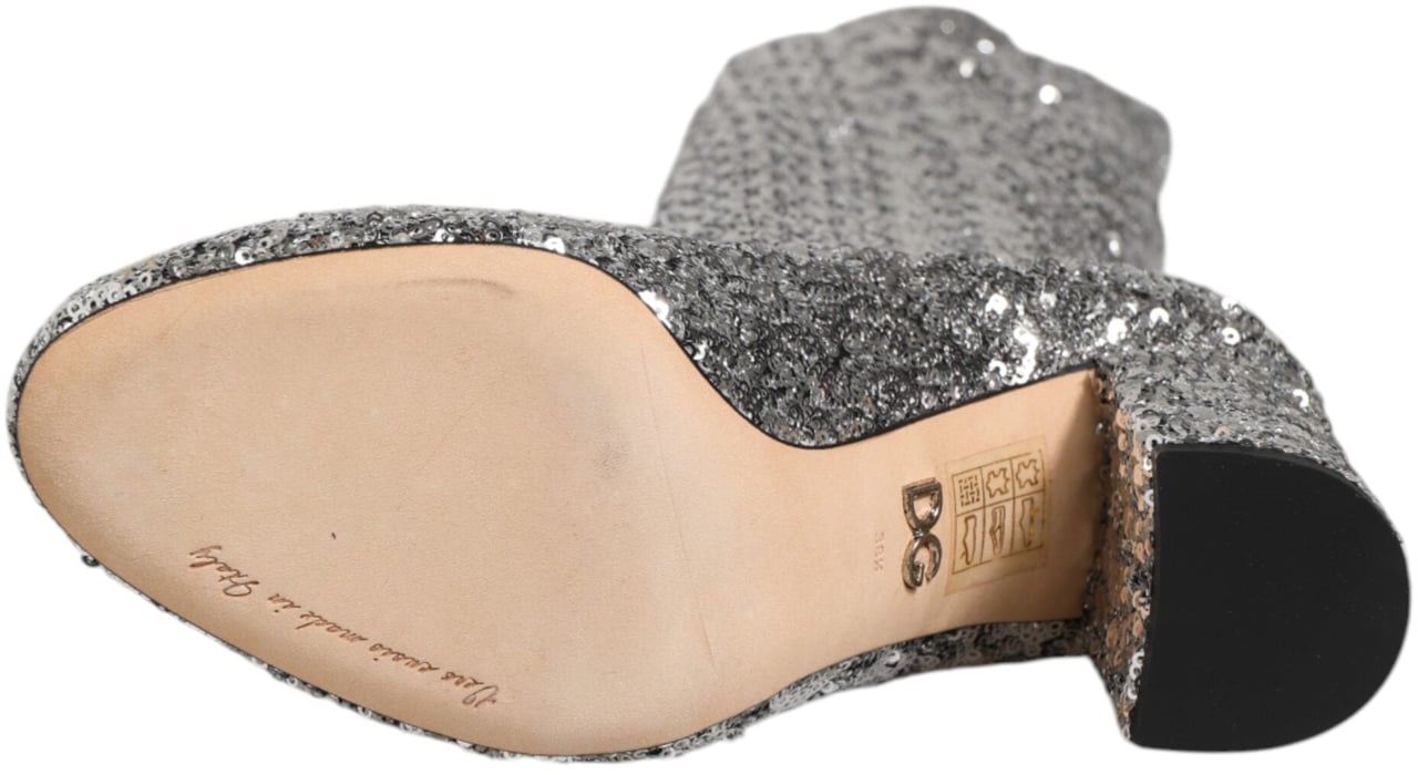 Dolce & Gabbana Shoes Silver Sequins Glitter High Heel Boot Shoes Zilver