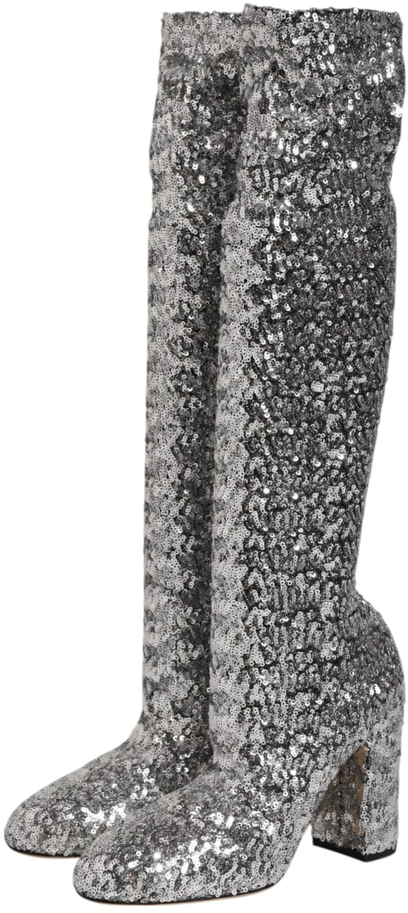 Dolce & Gabbana Shoes Silver Sequins Glitter High Heel Boot Shoes Zilver