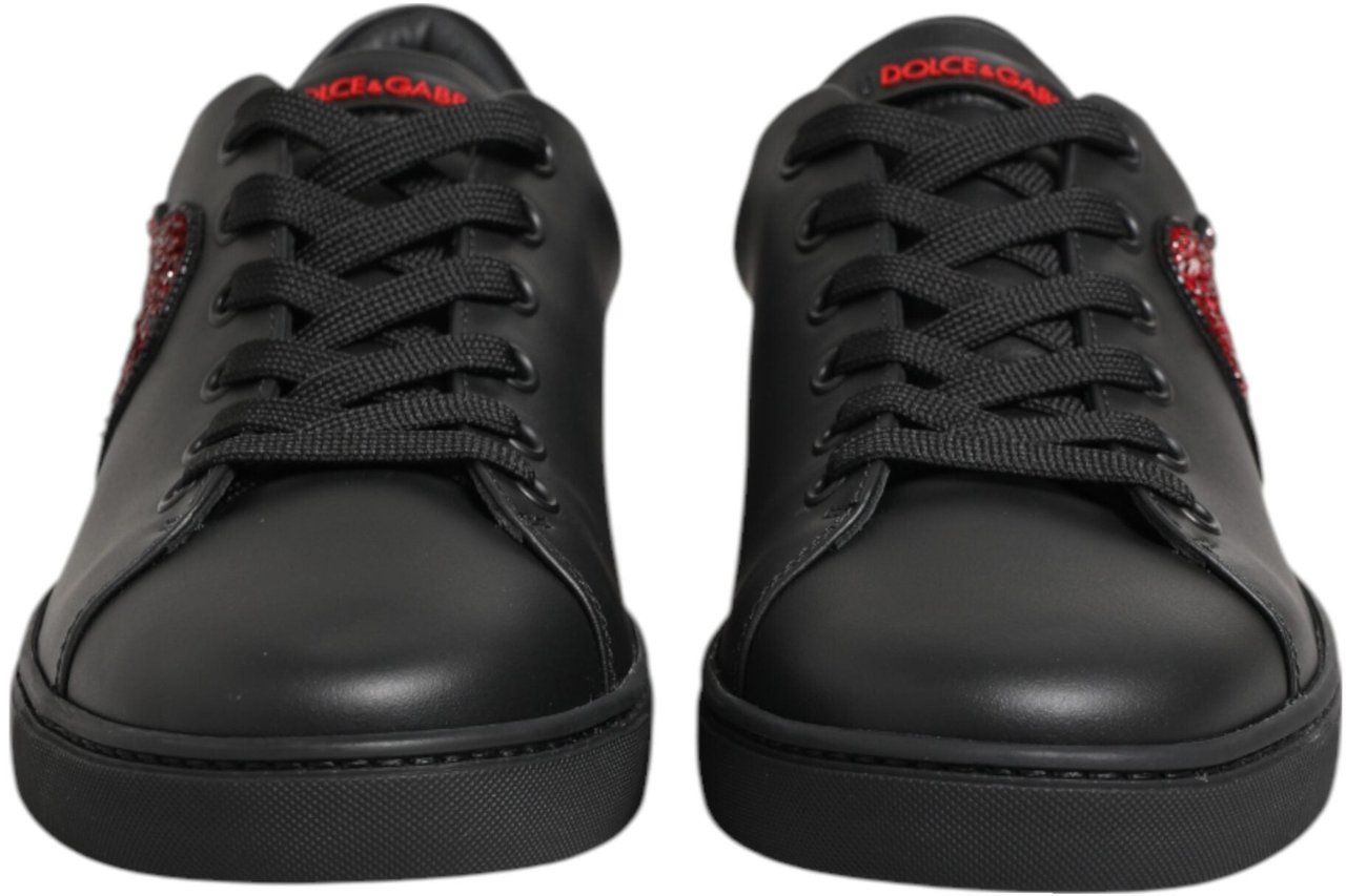 Dolce & Gabbana Black Leather Crystal Heart Low Top Sneakers Shoes Zwart
