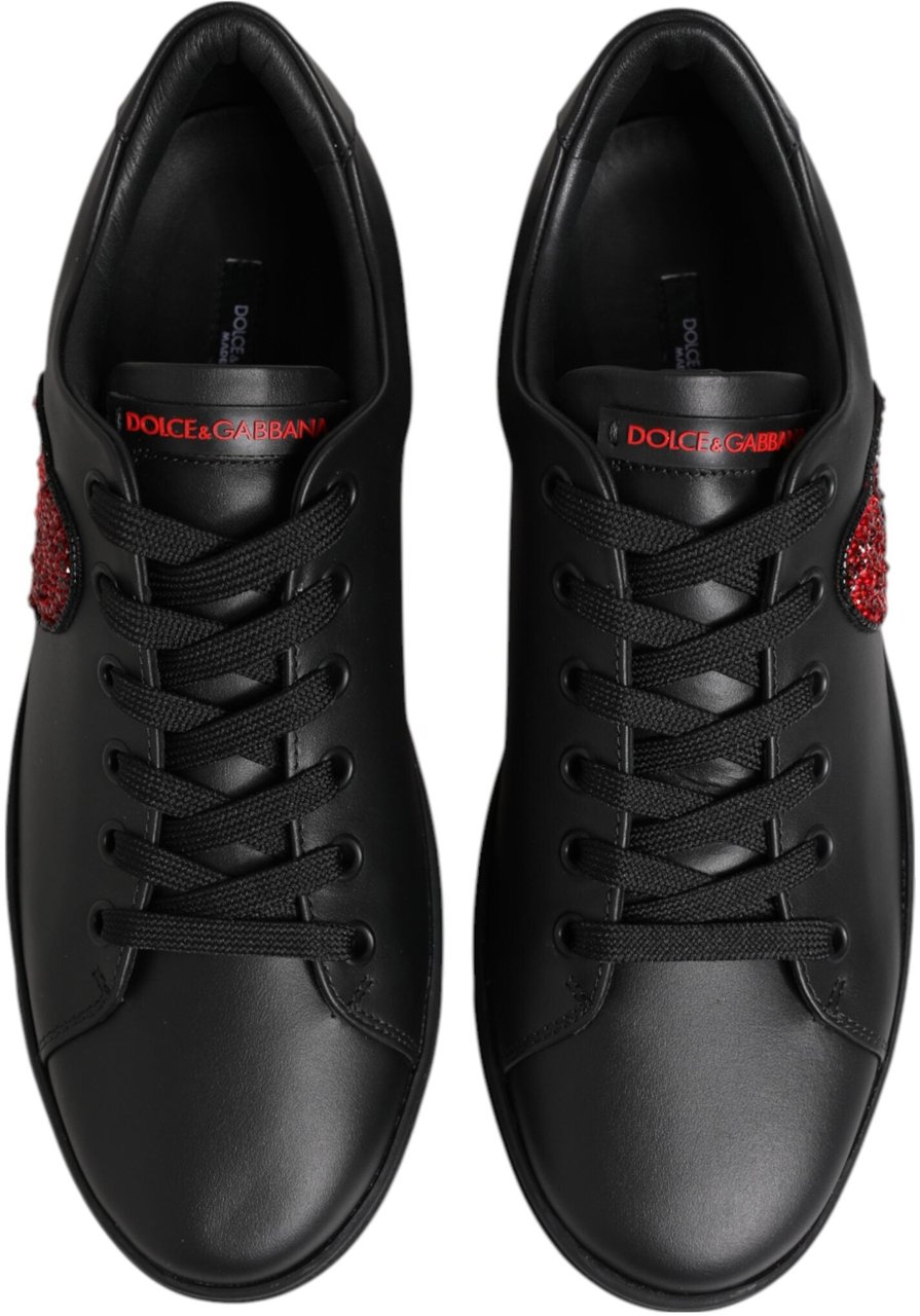 Dolce & Gabbana Black Leather Crystal Heart Low Top Sneakers Shoes Zwart