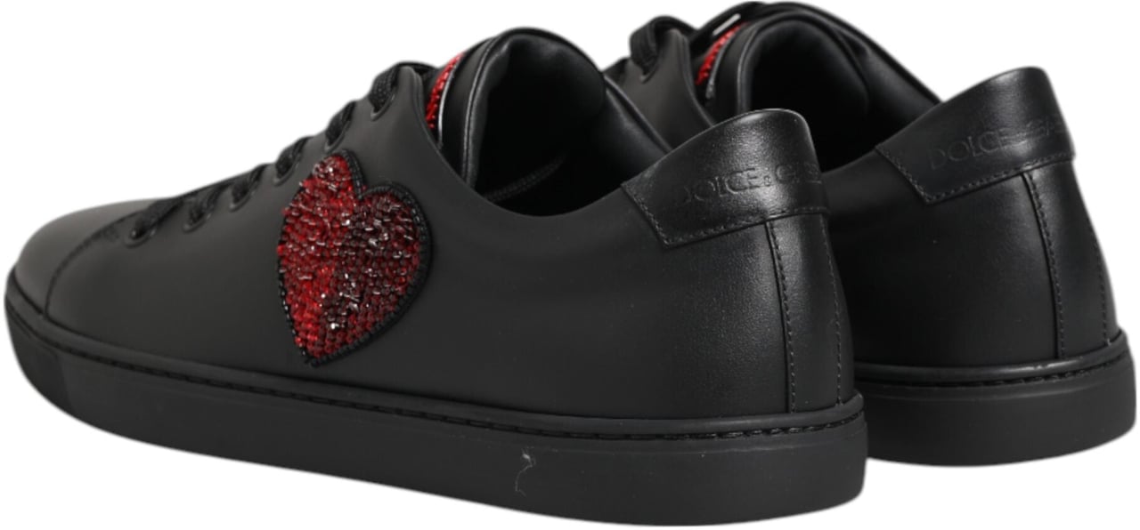 Dolce & Gabbana Black Leather Crystal Heart Low Top Sneakers Shoes Zwart