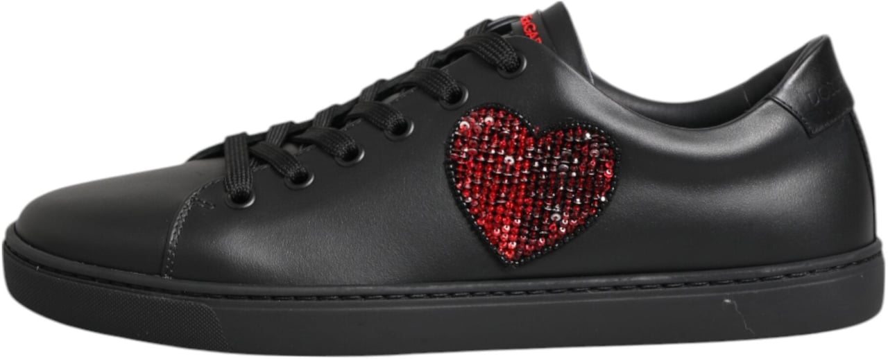 Dolce & Gabbana Black Leather Crystal Heart Low Top Sneakers Shoes Zwart