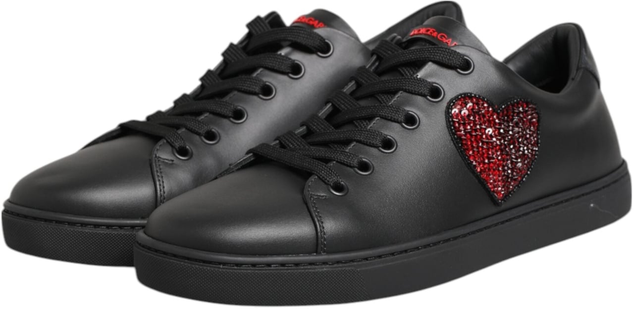 Dolce & Gabbana Black Leather Crystal Heart Low Top Sneakers Shoes Zwart