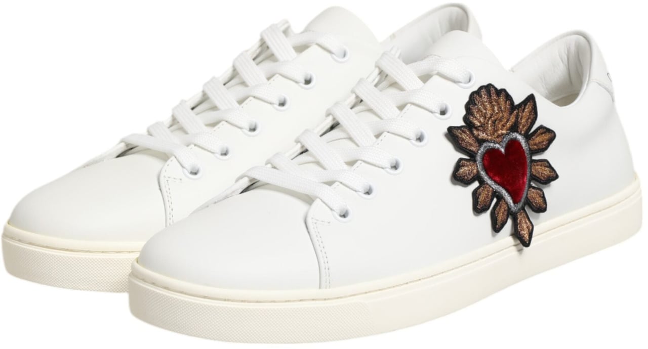Dolce & Gabbana White Leather Sacred Heart Patch Sneakers Shoes Wit