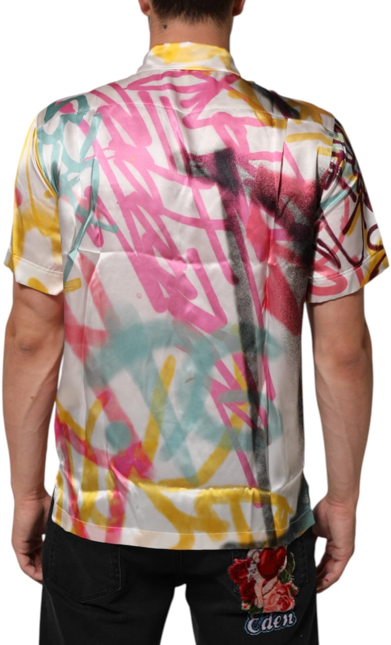 Dolce & Gabbana White Silk Hawaiian Graffiti Print Men Casual Shirt Wit
