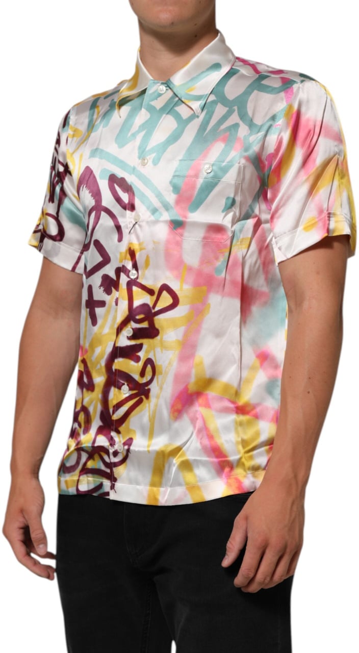 Dolce & Gabbana White Silk Hawaiian Graffiti Print Men Casual Shirt Wit