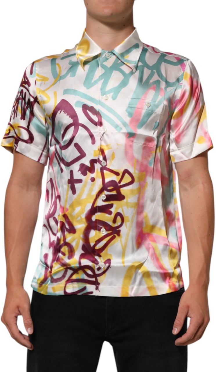 Dolce & Gabbana White Silk Hawaiian Graffiti Print Men Casual Shirt Wit