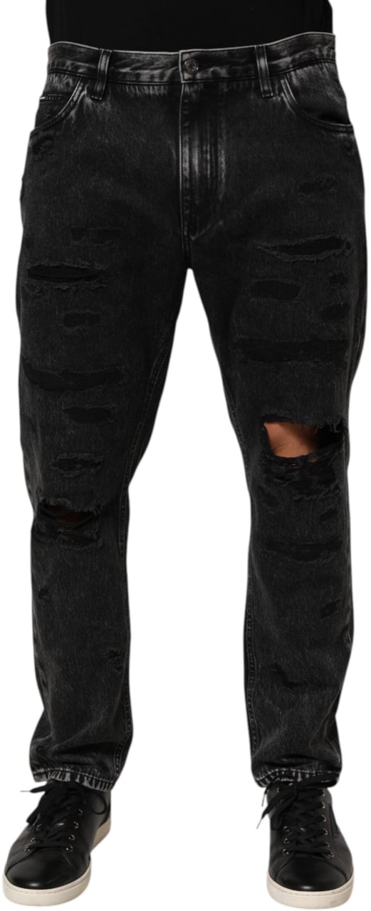 Dolce & Gabbana Black Washed Ripped Loose Cotton Denim Jeans Zwart