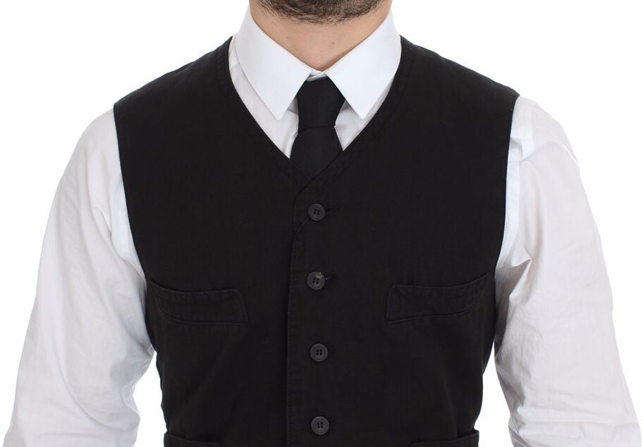 Dolce & Gabbana Black Flax Cotton Dress Vest Blazer Zwart