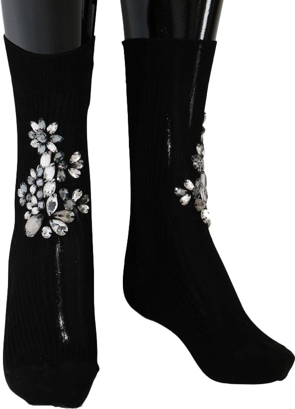 Dolce & Gabbana Black Knitted Floral Clear Crystal Socks Zwart