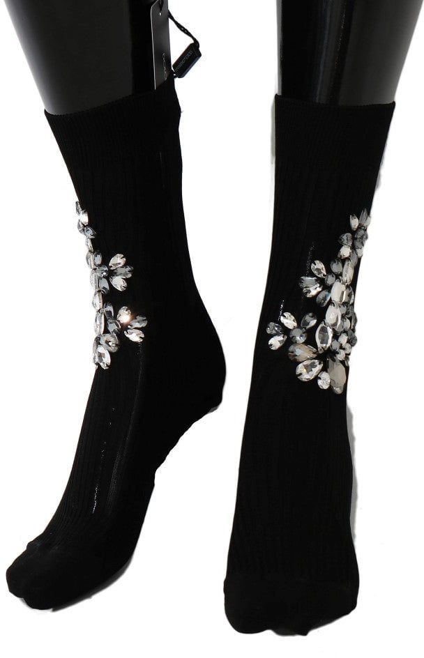 Dolce & Gabbana Black Knitted Floral Clear Crystal Socks Zwart