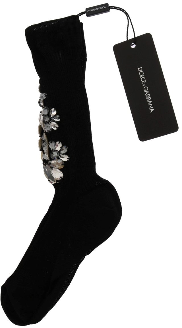 Dolce & Gabbana Black Knitted Floral Clear Crystal Socks Zwart