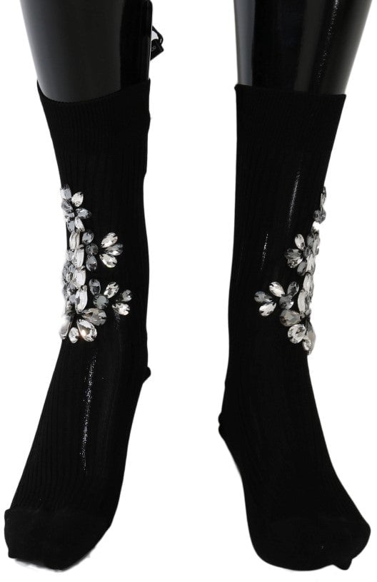 Dolce & Gabbana Black Knitted Floral Clear Crystal Socks Zwart