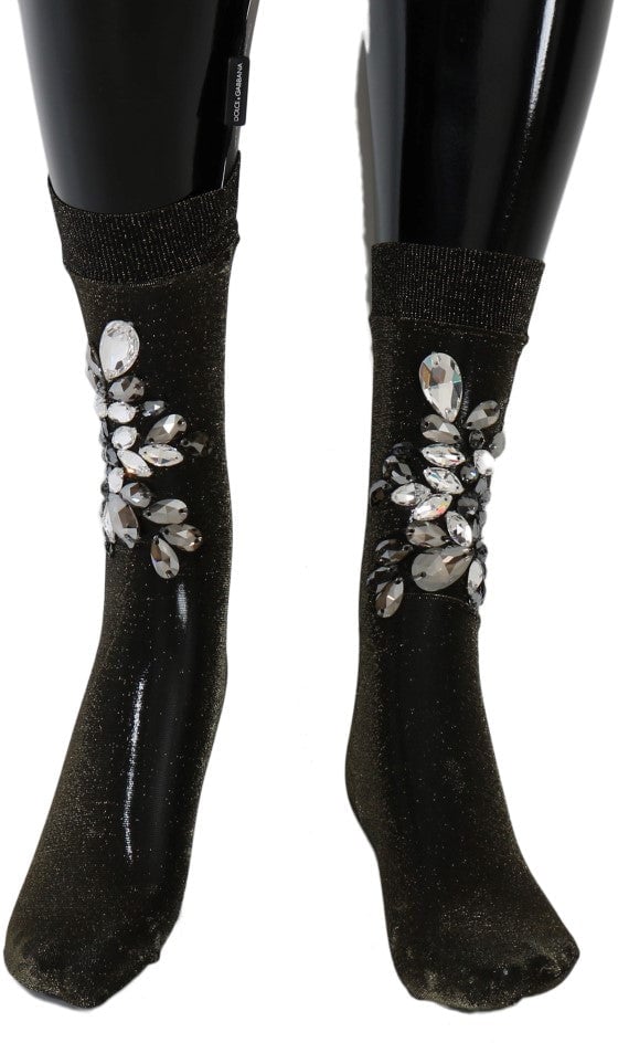 Dolce & Gabbana Black Stretch Floral Clear Crystal Socks Zwart