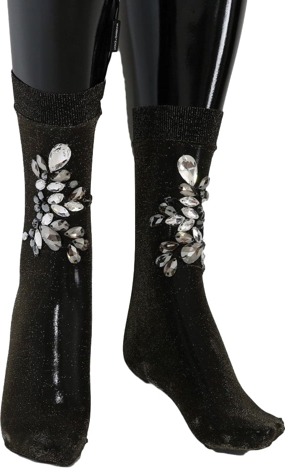 Dolce & Gabbana Black Stretch Floral Clear Crystal Socks Zwart