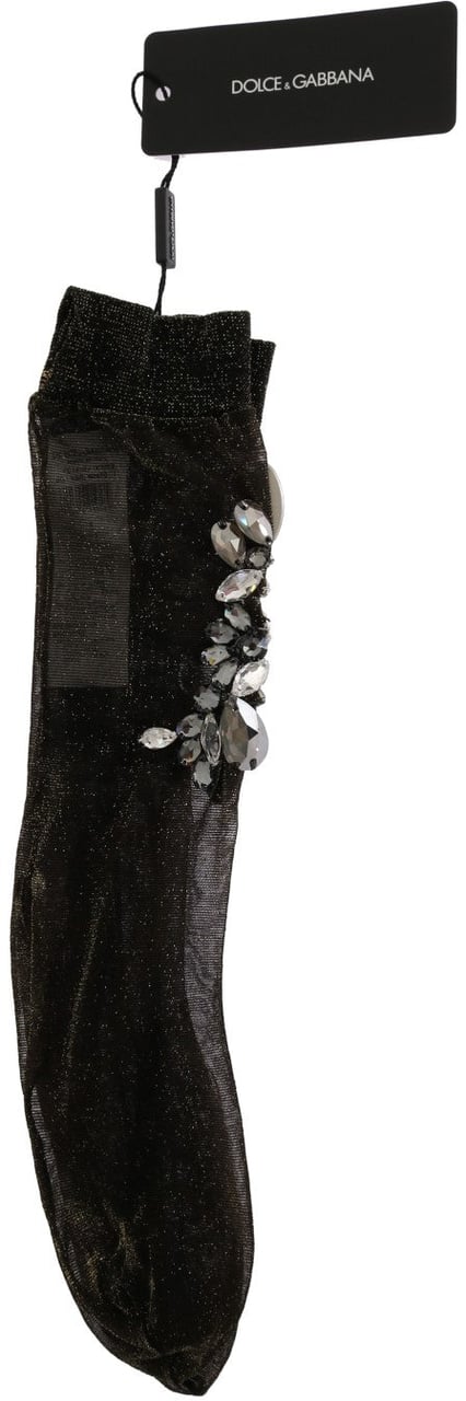 Dolce & Gabbana Black Stretch Floral Clear Crystal Socks Zwart